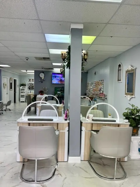 Clean, modern manicure stations inside Beauty Nails Spa